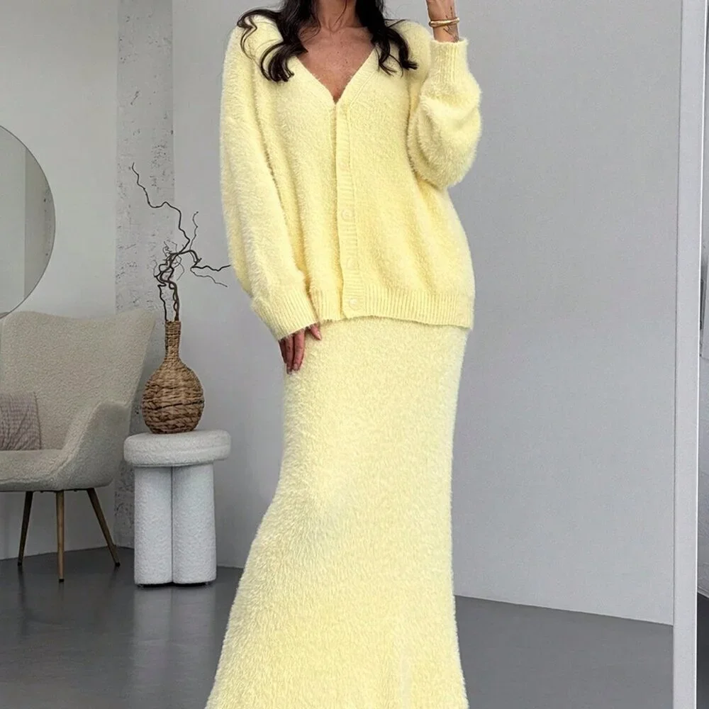 Yellow Casual Womens Oversized Long Sleeve Cardigan and Sweater Maxi Skirt set